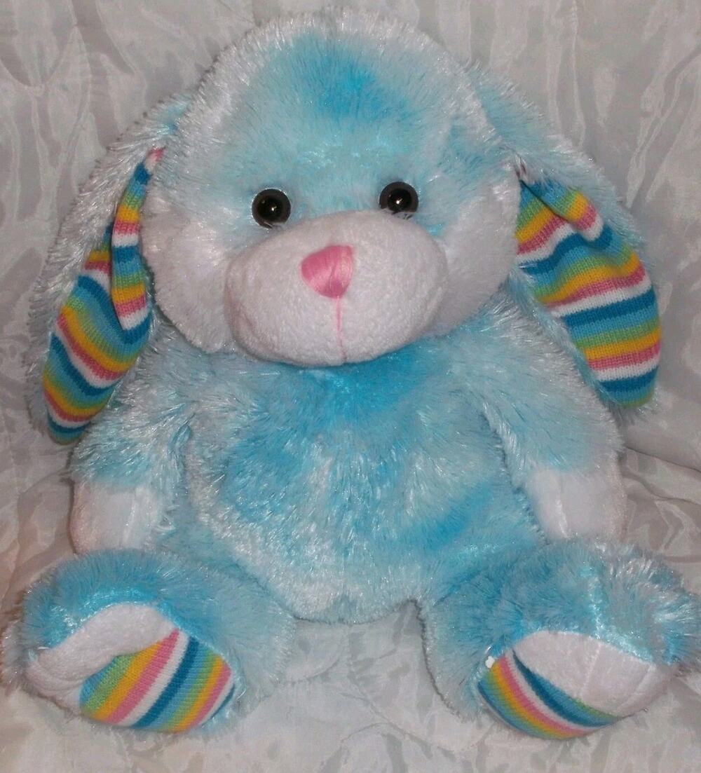 Atico Bunny Blue Plush Rabbit White Rainbow Easter 13" Stuffed Animal Vintage